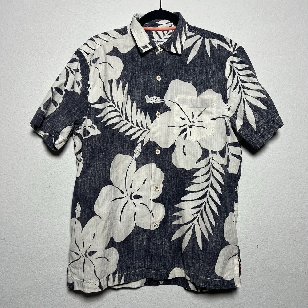 Tommy Bahama Hawaiian Shirt Mens M Blue Silk Blend Tropical Hibiscus Floral Camp